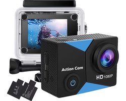 Action Camera - FHD 1080P/12MP - Waterdicht tot 30 m - 140 graden groothoek - Met Oplaadbare Batterijen en accessoireset