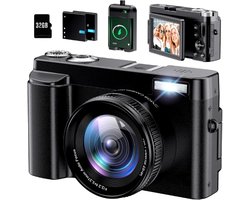 Digitale Camera 4K - 48MP Camera Fotocamera met 32GB Kaart - Compacte Camera Autofocus - 3" 180° Flip Screen - Fototoestel voor Reizen met 2 Batterijen - Digitale Camera 16x Digitale Zoom met Flitser