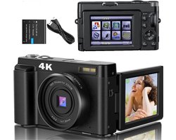 Handycam – Videocamera 4K 48MP – Vlog Camera Voor Beginners – Compacte Filmcamera Met Draaibare Flip-Screen – Vlogcamera Met Anti-Shake-Functie – Zwart