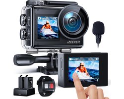 iZEEKER iA200 Action Cam met EIS - 4K 24MP WiFi - Waterdicht 40M - Dual Screen - Externe Microfoon - 2 x 1350 mAh batterijen, Accessoire Kit