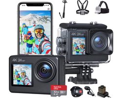 JC's - Action Camera 4K - Touchscreen - Inclusief 32GB SD kaart - Borstband - Selfie stick - Hoofdband - Dual lader - Afstandbediening - Externe microfoon - EIS Stabilisatie - Action Camera's - Vlog camera - Actie Camera