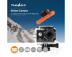 Nedis Action Cam - Enkel Scherm - 4K@30fps - 16 MPixel - Waterbestendig tot: 30.0 m - 90 min - Wi-Fi - App beschikbaar voor: Android / IOS - Mounts inbegrepen - Zwart