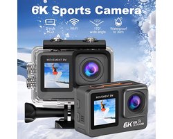 NovaWare 6K Action Camera - Dual Screen - Actie Camera - 4K 60 FPS - 50MP - WIFI - EIS - Sony IMX sensor - Sport - Waterdicht - 64gb Micro SD - Onderwatercamera - Alternatief GoPro