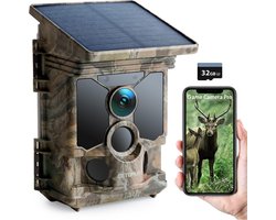 Wild Camera op zonne energie - Wildcamera op zonne-energie 4K 30 fps, 40MP WiFi Bluetooth Wildcamera 120 Graden Detectiehoek Bewegingsmelder Nachtzicht, IP66 Waterdicht voor Wildbewaking met U3 32 GB Micro SD-kaart