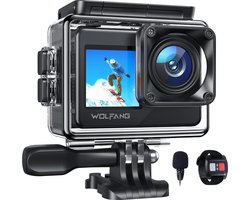 WOLFANG GA120 Action Camera 4K 20MP WiFi, 40M Waterdichte Onderwatercamera om te Snorkelen, 170° Groothoek Vlogcamera met Dubbel Scherm met EIS, Externe Microfoon, Afstandsbediening