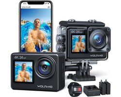 WOLFANG GA200 Action Camera - 4K 24MP - Waterdicht 40M - EIS Stabilisatie - WiFi - Lader - Afstandsbediening - Accessoire Kit