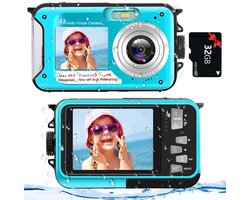 Yixinxin 4K Digitale Onderwatercamera met Dual Screen en Autofocus - 48MP, 16x Digitale Zoom, Waterdicht tot 10 ft, Incl. 32GB Kaart