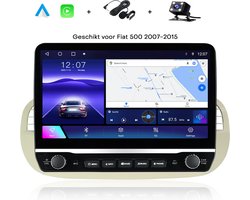 Boscer® Autoradio - Geschikt voor Fiat 500 2007-2015 - Android 12 - Apple Carplay & Android Auto (Draadloos) - 9 Inch HD Navigatiesysteem - Wit/Beige - Achteruitrijcamera & Microfoon