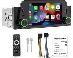 Single Din Autoradio / Multimedia Systeem – 5 Inch HD Touchscreen – Compatibel Met Apple Carplay & Android Auto – Bluetooth 5.1 – Mirror Link – FM-Radio – Type C Opladen – USB-Aansluitingen – Inclusief Achteruitrijcamera & Externe Microfoon