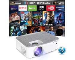 1080P/25000L-Beamer, 5D confocal+AI-kalibreren, WiFi 6/4K+3D-video, dubbele Bluetooth, compatibiliteit: iOS/Android/Xbox/PS5/TV/HDMI/Mobiele Telefoon/Tv-Stick/Laptop,Geschikt Voor Slaapkamers Thuis, Ook Geschikt Voor Buiten Met Gordijnen