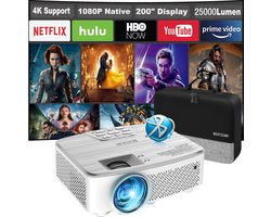 1080P/25000L-Beamers, 5D confocal+AI-kalibreren, WiFi 6/4K+3D-video, dubbele Bluetooth, compatibiliteit: iOS/Android/Xbox/PS5/TV/HDMI