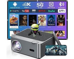 Android beamer ondersteunt 4K Native 1080p FHD projector, 500 ANSI autofocus projector met 2.4/5G WiFi en 5.0 Bluetooth, Smart Home Theater Video Beamer met Netflix YouTube 8000+ apps