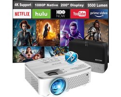 Beamer1080P (4K-Ondersteuning),10.000 Lumen，mini-projector，Draagbare projector ondersteunt 4K-videoprojector met 200-inch scherm, Bluetooth-projector compatibel met iOS/Android