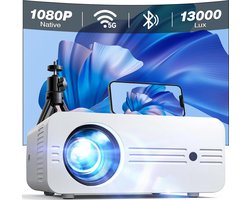 DiverseGoods Projector [Upgrade] Beamer 5G WiFi Bluetooth 13000 Lux Native 1080P 4K Ondersteund, Mini projector 300” thuisbioscoop Geschikt Voor iOS Android HDMI TV Stick PS5 (Tas en Statief Inbegrepen)