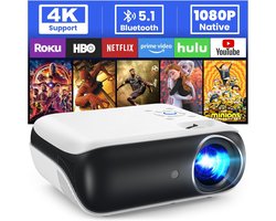 Full HD 1080P Projector met Bluetooth, 4K Ondersteuning en Mini Design – Thuisbioscoop Projector voor Outdoor Gebruik met Smartphone/HDMI/USB/Fire Stick/PS5