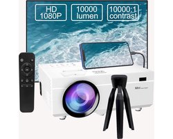 Mini Beamer - Bluetooth Audio - Input tot 1080P Full HD - 10000 Lumen - Projector - Mini Projector - HDMI - USB - Wit - Smartphone - Draagbaar - Ingebouwde speaker - Inclusief standaard