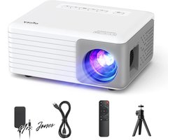 Mrs. Jones Mini Beamer met Statief Projector Full HD 1080P Ondersteund 5500 Lumen Mini Projector voor Home Theater 55000 Uur LED Projector Compatibel met Smartphone/HDMI/USB/Laptop/Firestick/AV/PS5 - Home Entertainment Filmavond .