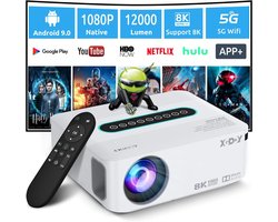 Professionele Beamer 4K - Android 9 OS. Geïntegreerde App & Dolby Geluidseffecten - Projector 5G WiFi Bluetooth - 12.000 Lumen - Incl. Tas - 1080P HD