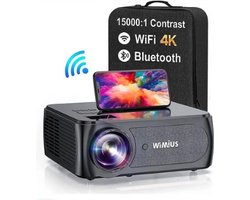 Wimius K8 Projector - Mini Beamer - Scherm - Projector - Mini projector - 4K Kwaliteit - 15.000 Lumen - WiFi & Bluetooth - Draagbaar - Zwart