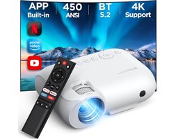 YOTON Beamer 4K WiFi Bluetooth - ingebouwde 1080P Full HD-compatibele 4K-projector 450 ANSI-lumen geïntegreerd met Netflix/Prime Video/YouTube voor thuisbioscoop gebruik met Fire Stick smartphone PS5