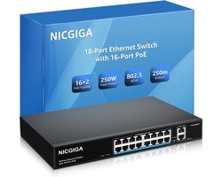 NICGIGA 16 PoE Port Switch met 250W - 2 Gigabit Uplink Poorten & VLAN Mode - 19" Rackmount