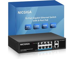 NICGIGA 8-Port Gigabit PoE Switch - 120W PoE+ 2 Uplink Ports - VLAN Mode - Fanless