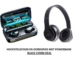 COMBI DEAL: Bluetooth Hoofdtelefoon met oordopjes en powerbank. (zwart) van € 59,89 nu voor € 29,89