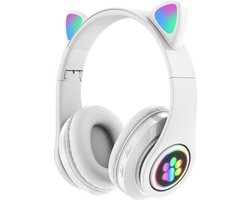 Kinder Hoofdtelefoon-Draadloze Koptelefoon-Kids Headset-Over Ear-Bluetooth-Microfoon-Katten Oortjes-Led Verlichting - WIT