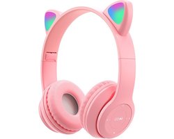 Kinder Hoofdtelefoon-Draadloze Koptelefoon-Kinder Headset-On Ear-Bluetooth-Microfoon-Katten Oorjtes-Led Verlichting-Licht Roze