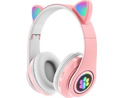 Kinder Hoofdtelefoon-Draadloze Koptelefoon - Over Ear - Bluetooth - Kattenoortjes - Led verlichting - Roze