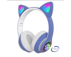 Kinder hoofdtelefoon - kattenoortjes BLAUW cat headphones- NL handleiding-Draadloze koptelefoon Bluetooth met led-casamix-Koptelefoon voor Kinderen - Met Led Kat Oortjes | met verlichting poot- Kat oor Koptelefoon draadloze Bluetooth met flitslicht