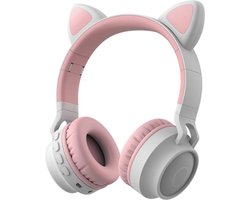 Kinder hoofdtelefoon - koptelefoon Bluetooth met led katoortjes licht grijs - roze