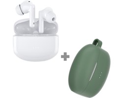 Cazy Draadloze Bluetooth Oordopjes - Oortjes Draadloos - met Noise Cancelling (Wit) + Siliconen Hoesje (Groen)