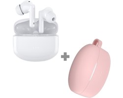 Cazy Draadloze Bluetooth Oordopjes - Oortjes Draadloos - met Noise Cancelling (Wit) + Siliconen Hoesje (Roze)