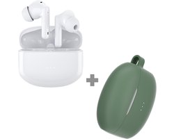 Cazy Draadloze Oordopjes Bluetooth met Active Noise Cancelling (Wit) + Siliconen Hoesje (Groen)