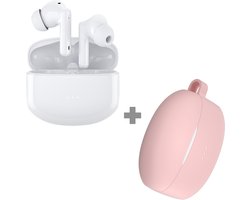 Cazy Draadloze Oordopjes Bluetooth met Active Noise Cancelling (Wit) + Siliconen Hoesje (Roze)