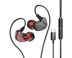 DrPhone Hi15 USB-C In-Ear Oordoppen met ingebouwde DAC - Dynamische BASS - Oortelefoon met microfoon - Oorhaak Design - Passief ruisonderdrukking - Grijs/Zwart