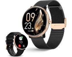 DynaBright AMOLED Smartwatch Dames en Heren - 1x RVS en 1x Siliconen Bandje - Zwart en Goud - Geschikt voor iOS (Apple) & Android - Stappenteller en Hartslagmeter