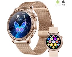 Govza® Smartwatch - Voor Apple & Android - Smartwatches - Sporthorloge - Stappenteller - Hartslagmeter - Slaaptracking - 1.32" Amoled scherm - Goud - Voor Dames + Extra horlogeband