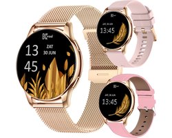 Kiraal Valencia AMOLED Smartwatch voor Dames - RVS, Lederen en Siliconen Bandje - Hartslagmeter - Stappenteller - Slaapmonitor - Multisport - Compatibel met Android en iOS - Rosé Goud en Roze