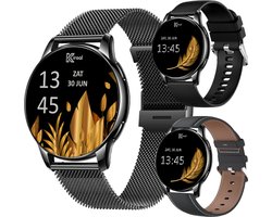 Kiraal Valencia AMOLED Smartwatch voor Dames - RVS, Lederen en Siliconen Bandje - Hartslagmeter - Stappenteller - Slaapmonitor - Multisport - Compatibel met Android en iOS - Zwart