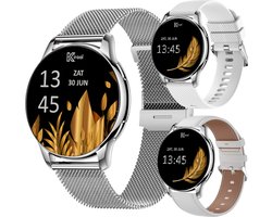 Kiraal Valencia AMOLED Smartwatch voor Dames - RVS, Lederen en Siliconen Bandje - Multisport - Slaapmonitor - Stappenteller - Hartslagmeter - Compatibel met Android en iOS - Zilver en Wit