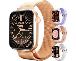 Maoo ProWatch AMOLED Smartwatch Dames en Heren - Milanese Bandje en 3 Siliconen Bandjes - Stappenteller - Hartslagmeter- Bloeddrukmeter - Slaapmonitor - Multisport - Geschikt voor Android en iOS - Rosé Goud