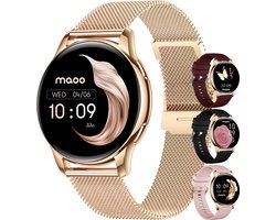 Maoo Ventura AMOLED Smartwatch Dames - RVS en 3x Siliconen Bandje - Stappenteller - Hartslagmeter - Slaapmonitor - Multisport - Geschikt voor Android en iOS - Rosé Goud en Roze