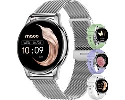 Maoo Ventura AMOLED Smartwatch Dames - RVS en 3x Siliconen Bandje - Stappenteller - Hartslagmeter - Slaapmonitor - Multisport - Geschikt voor Android en iOS - Zilver en Wit