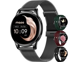 Maoo Ventura AMOLED Smartwatch Dames - RVS en 3x Siliconen Bandje - Stappenteller - Hartslagmeter - Slaapmonitor - Multisport - Geschikt voor Android en iOS - Zwart