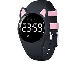 Smartwatch Kinderen - Kat - Stappenteller - Stopwatch - Zwart & Roze