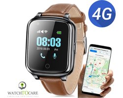 WatchToCare WTC 45 - GPS Tracker - Smartwatch - GPS Horloge Ouderen - Alarm Horloge- SOS Horloge - Valdetectie - Alzheimer - Dementie patiënten - Alarmknop - Noodknop - Lebara Sim + €5 tegoed - Géén abonnement - Garantie 2 jr -Horlogeband Bruin Leer