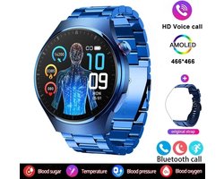 2024 Bloedsuiker Smart Watch Niet-Invasieve Bloedglucose Hartslag Gezondheid Monitor Pijnloos Meten Sport Smartwatch Insuline Meten AI Technologie Blauwe Stalen band + Extra Blauwe Band