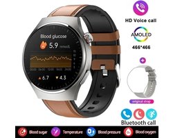 2024 Bloedsuiker Smart Watch Niet-Invasieve Bloedglucose Hartslag Gezondheid Monitor Pijnloos Meten Sport Smartwatch Insuline Meten AI Technologie Bruin Ledere band + Extra Witte Band